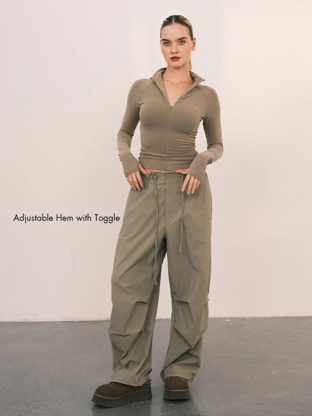 An Action A Day Parachute Pants Size L Khaki Wide Leg Utility NWT Adjustable
